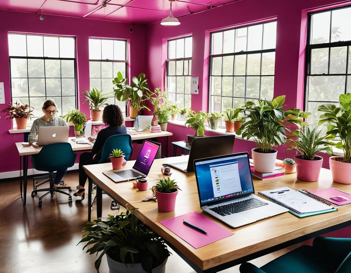 A vibrant, modern workspace filled with colorful fuchsia stationery, a stylish laptop with a blogging dashboard open, and lively plants surrounding. In the background, a diverse group of people engaging in a collaborative discussion about blogging, conveying a sense of community. Bright light streaming in through large windows creates an inviting atmosphere. super-realistic. vibrant colors. 3D.
