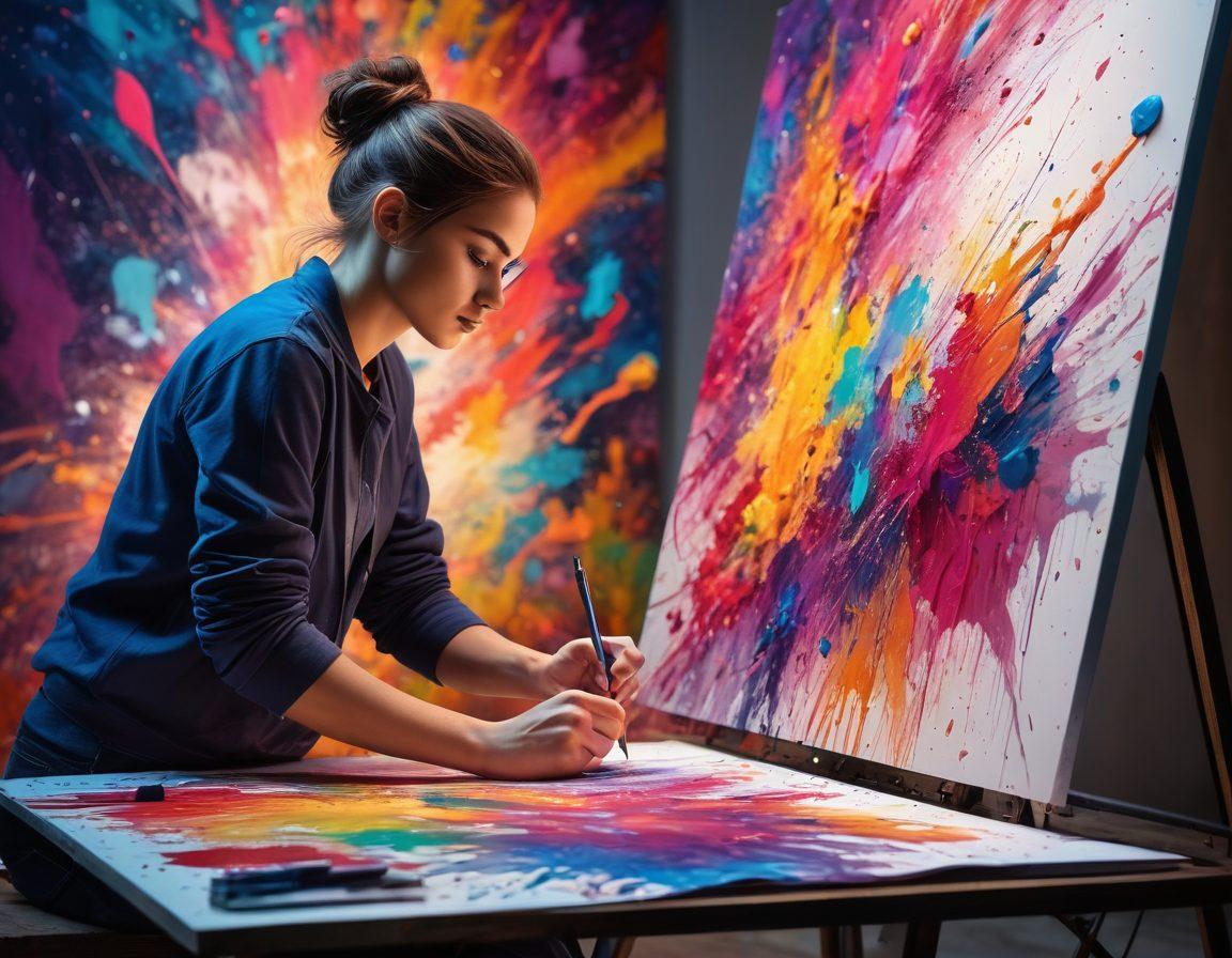 A whimsical scene depicting an artist at work, surrounded by colorful splashes of digital paint transforming from handwritten thoughts into vibrant digital masterpieces on a large canvas. The background features abstract shapes and flowing lines symbolizing creativity and inspiration. The artist, with an expression of deep concentration, holds a stylus in one hand and gestures towards a glowing screen filled with bright art. super-realistic. vibrant colors. 3D.