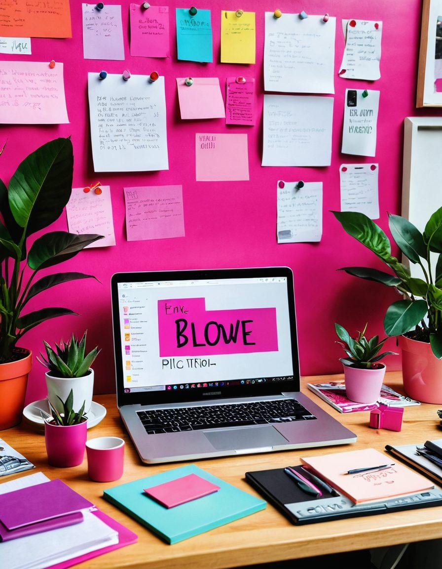 A vibrant workspace filled with fuchsia decor, showcasing an open laptop with a creative blog on the screen. Include inspiring quotes written on colorful sticky notes, art supplies scattered around, and plants adding a lively touch. The overall atmosphere should exude creativity and passion for blogging. bright colors, contemporary style, digital illustration.